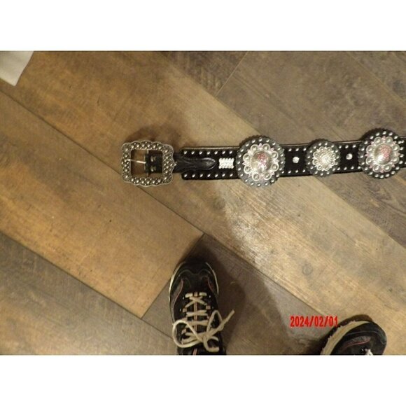 Western Beautiful Black and‎ Silver Leather Concho Belt Cancer Free Ribbon main image 5